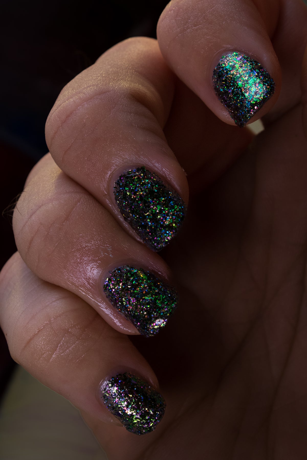 Lacquistry Nail Polish Fuck Your AI green purple grey flakie glitter