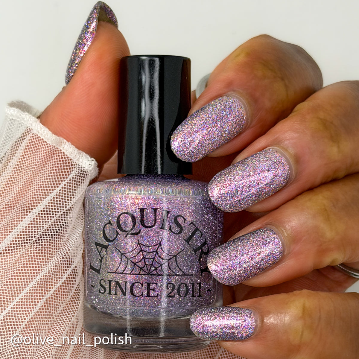 lavender sparkle and holo glitter pink nail polish START #88788 bottle says LACQUISTRY SINCE 2011