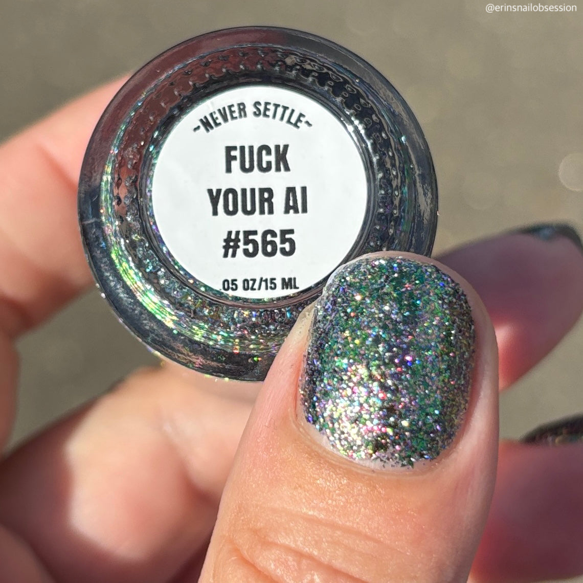 Lacquistry Nail Polish Fuck Your AI green purple grey flakie glitter