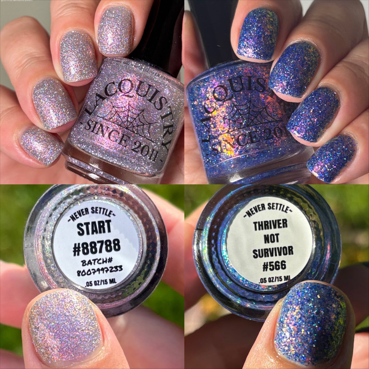 Four-panel collage showing nail polish swatches and bottles held by a person's hands. The polish appears in two shades: a pale iridescent lavender-silver glitter and a deep blue holographic glitter.