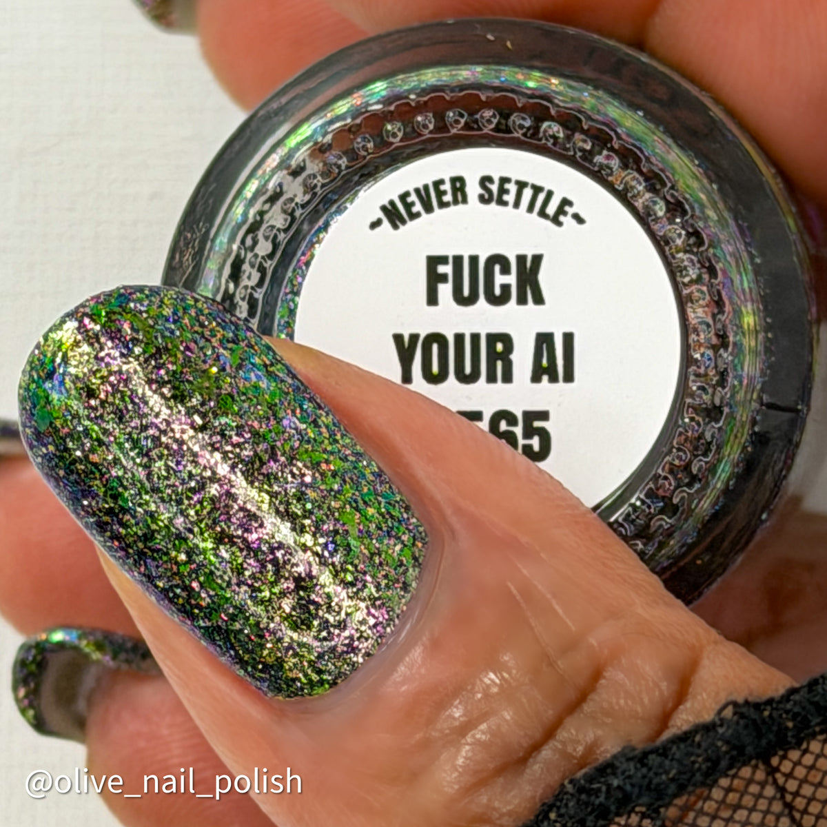 Lacquistry Nail Polish Fuck Your AI green purple grey flakie glitter