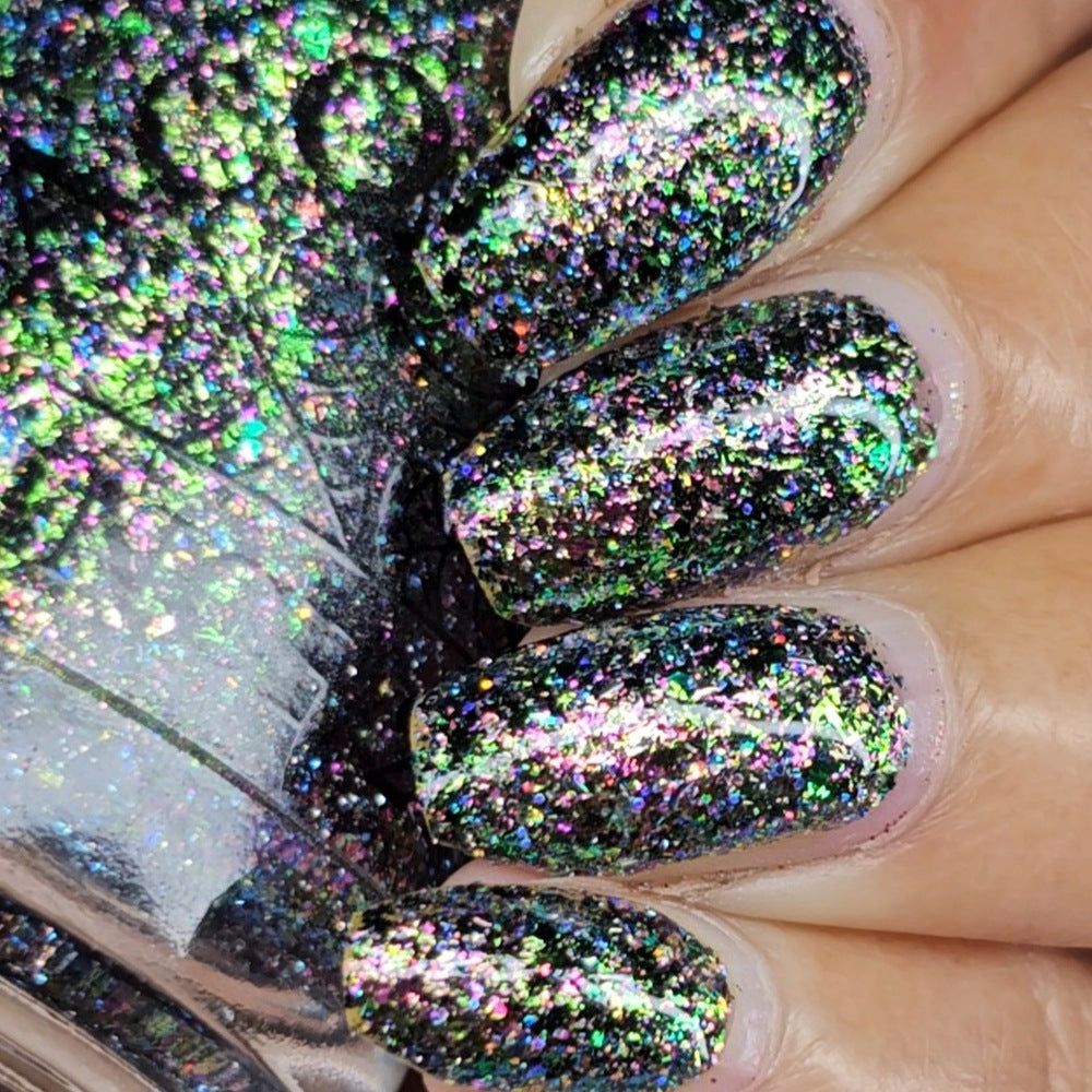 Lacquistry Nail Polish Fuck Your AI green purple grey flakie glitter