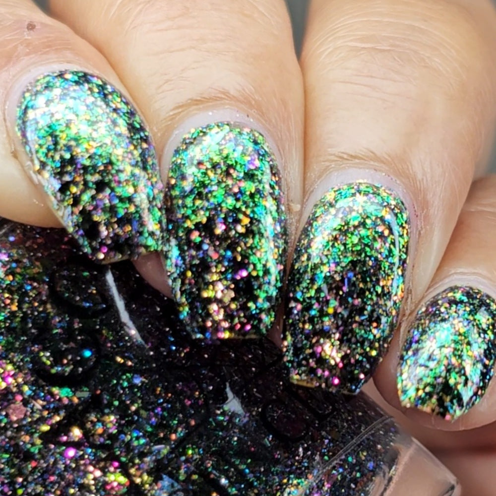 Lacquistry Nail Polish Fuck Your AI green purple grey flakie glitter