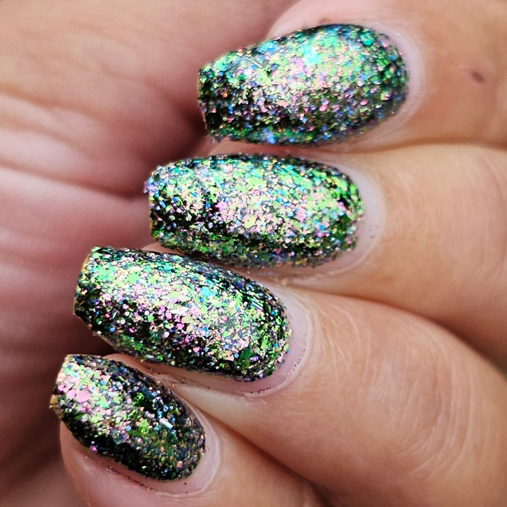 Lacquistry Nail Polish Fuck Your AI green purple grey flakie glitter