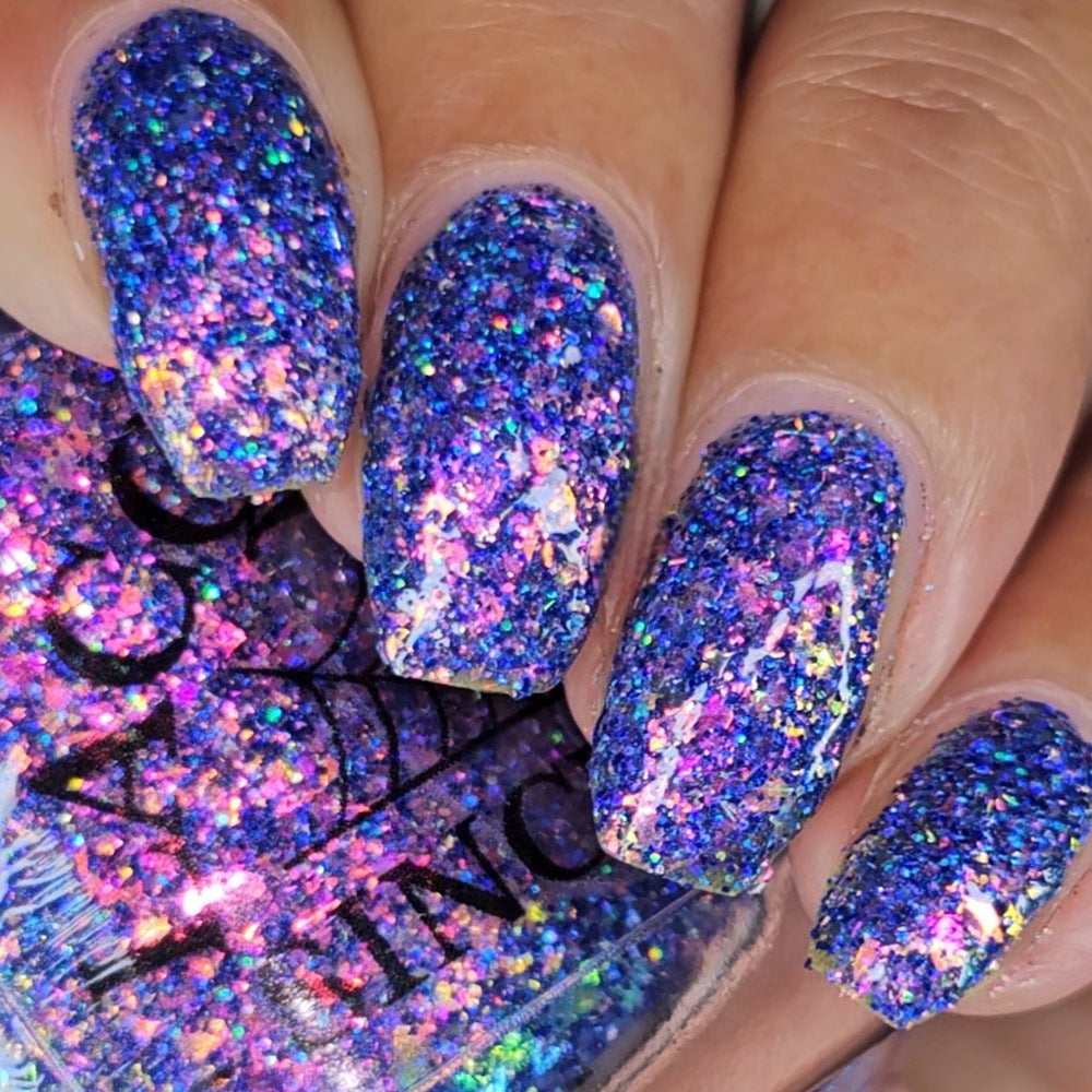 Bright Blue and purple glitter  flakie Lacquistry polish Thriver Not survivor