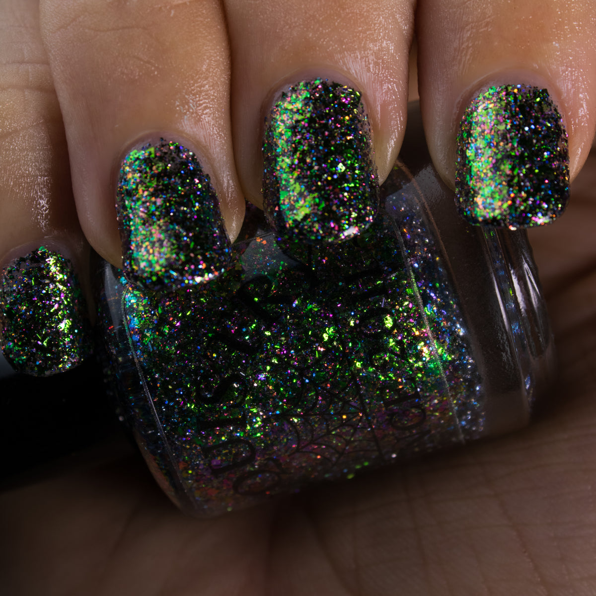 Lacquistry Nail Polish Fuck Your AI green purple grey flakie glitter