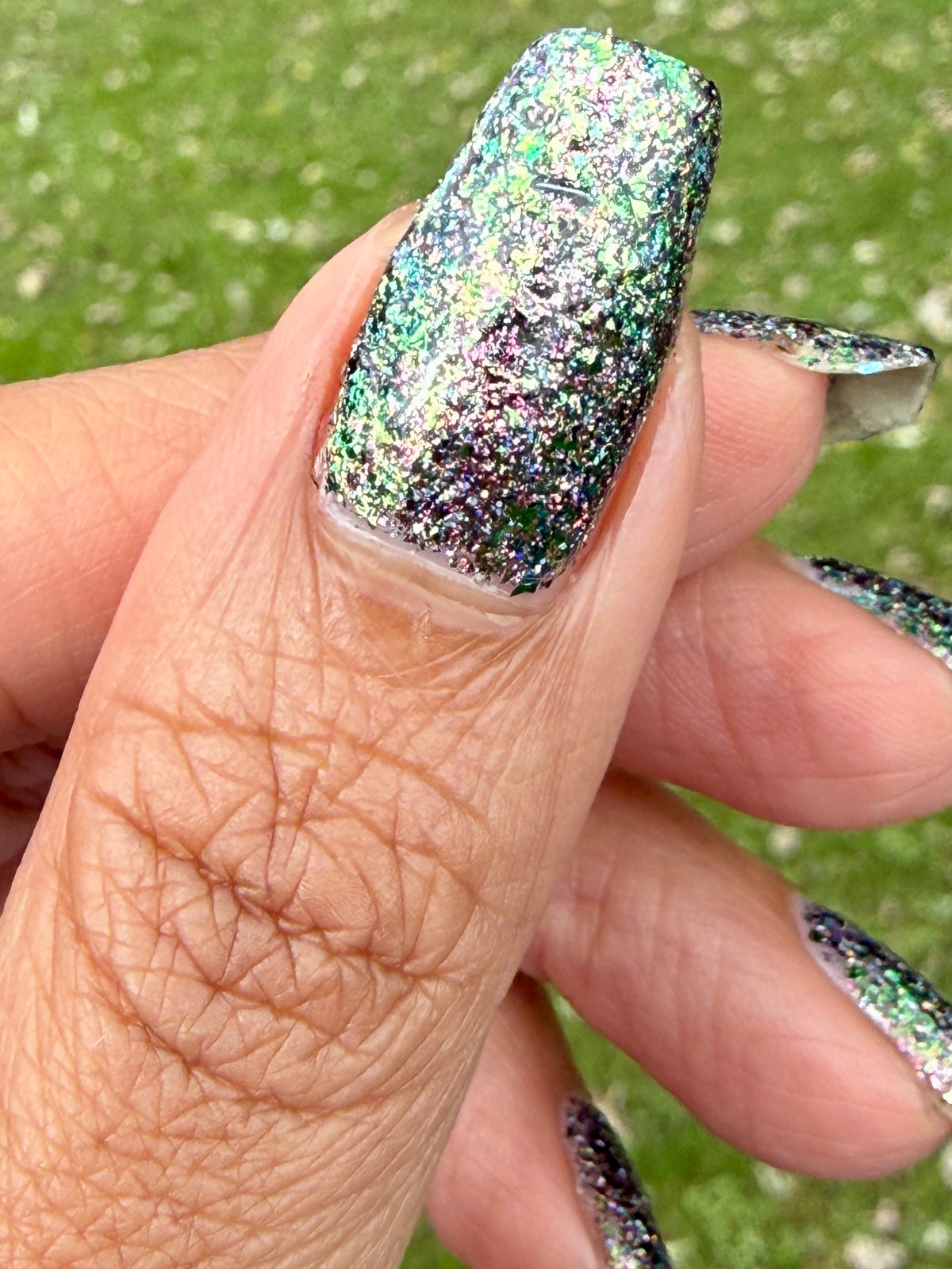 Lacquistry Nail Polish Fuck Your AI green purple grey flakie glitter