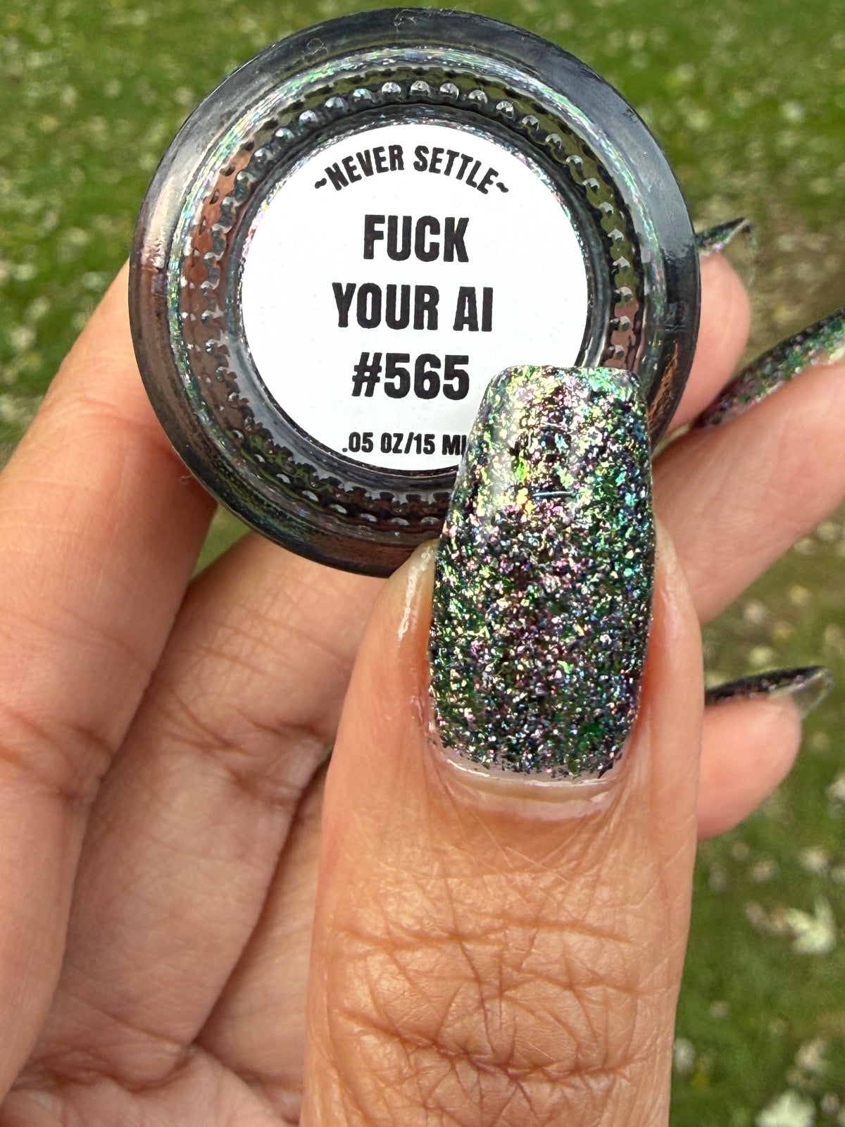 Lacquistry Nail Polish Fuck Your AI green purple grey flakie glitter