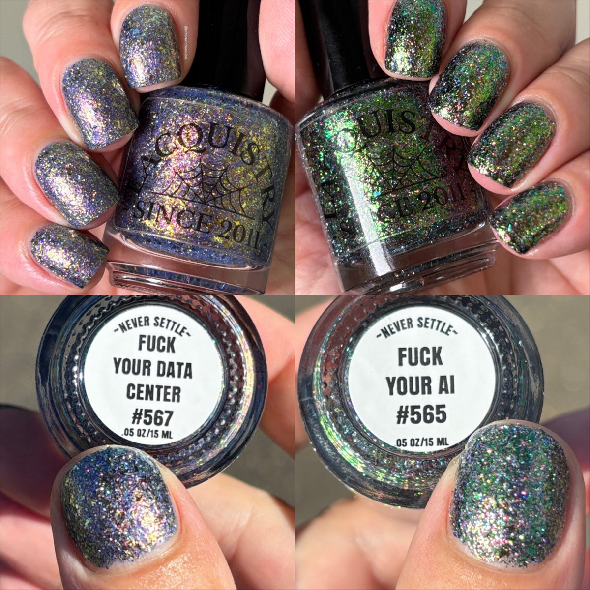 Lacquistry Nail Polish Fuck Your AI green purple grey flakie glitter and Fuck Your Data Center, the other half of the duo
