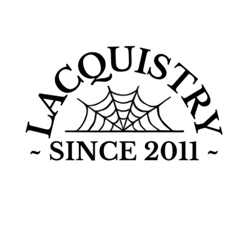 A black graphic design featuring the word 'LACQUISTRY' arched over a spiderweb motif, with the text '~ SINCE 2011 ~' below, on a plain white background.