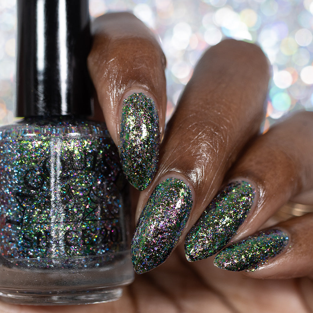 Lacquistry Nail Polish Fuck Your AI green purple grey flakie glitter
