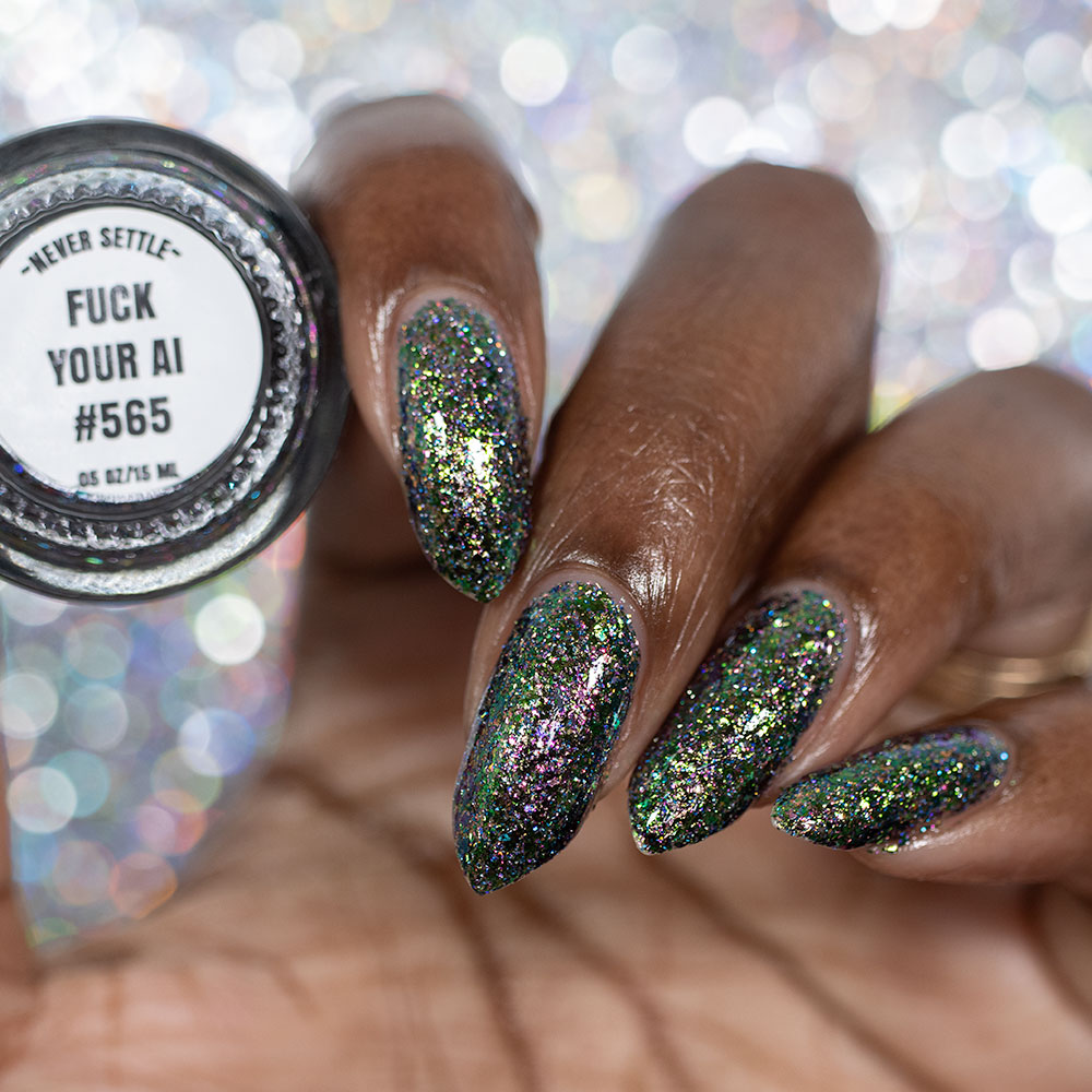 Lacquistry Nail Polish Fuck Your AI green purple grey flakie glitter