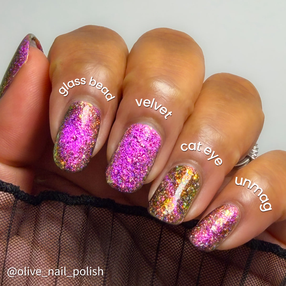 flakie magnetic polish showing red, orange, gold, green flakes, holo glitter, and magnetic effect of fuchsia to purple in glass bead, velvet, cat eye and unmagnetized versions