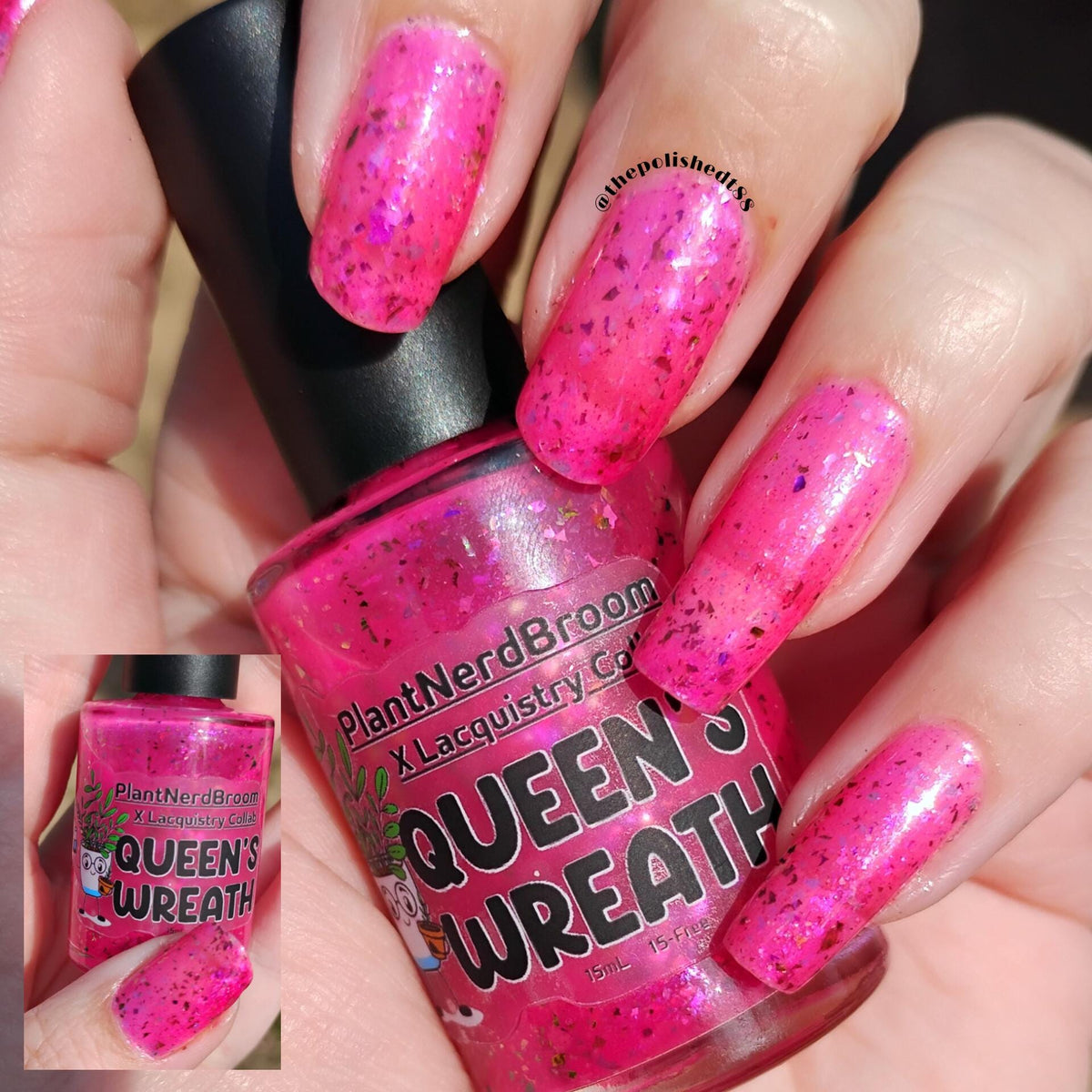 closeup of hand with light skin and long natural nails with sheer neon pink flake polish holding a nail polish bottle of the same color that says Queen Wreath PlantNerdBroom x Lacquistry